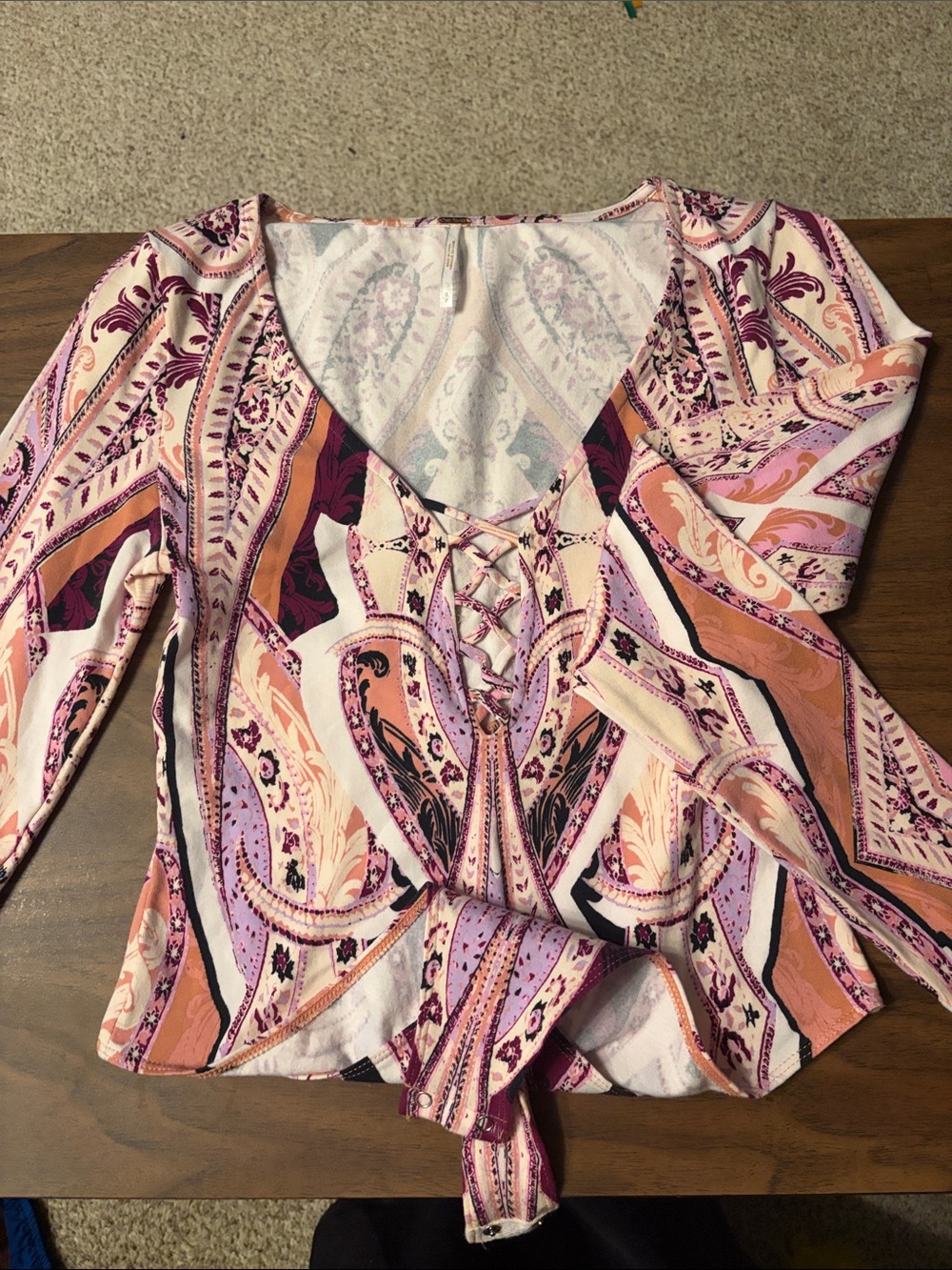 Free People Pink Paisley Lace-Up Tie-Front Bodysuit